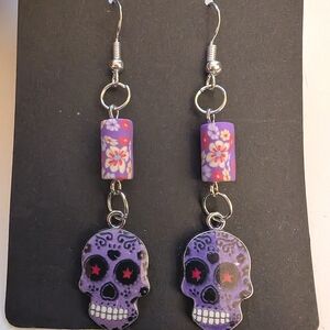 Handmade Beaded Halloween Purple Candy skull Day of the Dead earrings